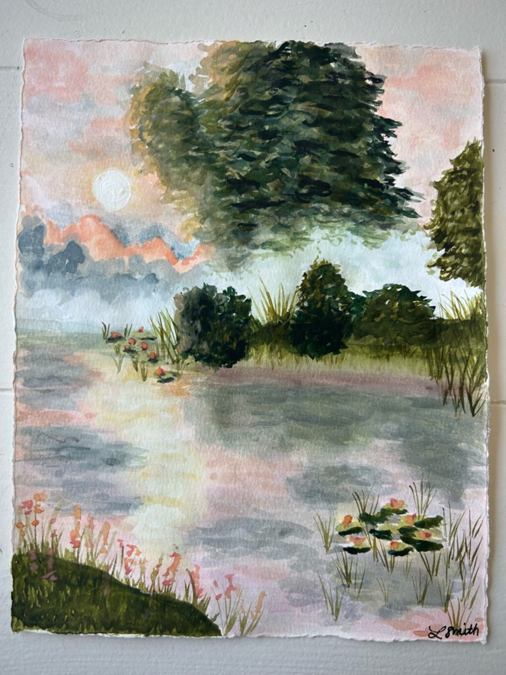 Original Watercolor Landscape Painting — Pastel Sunset over Lake